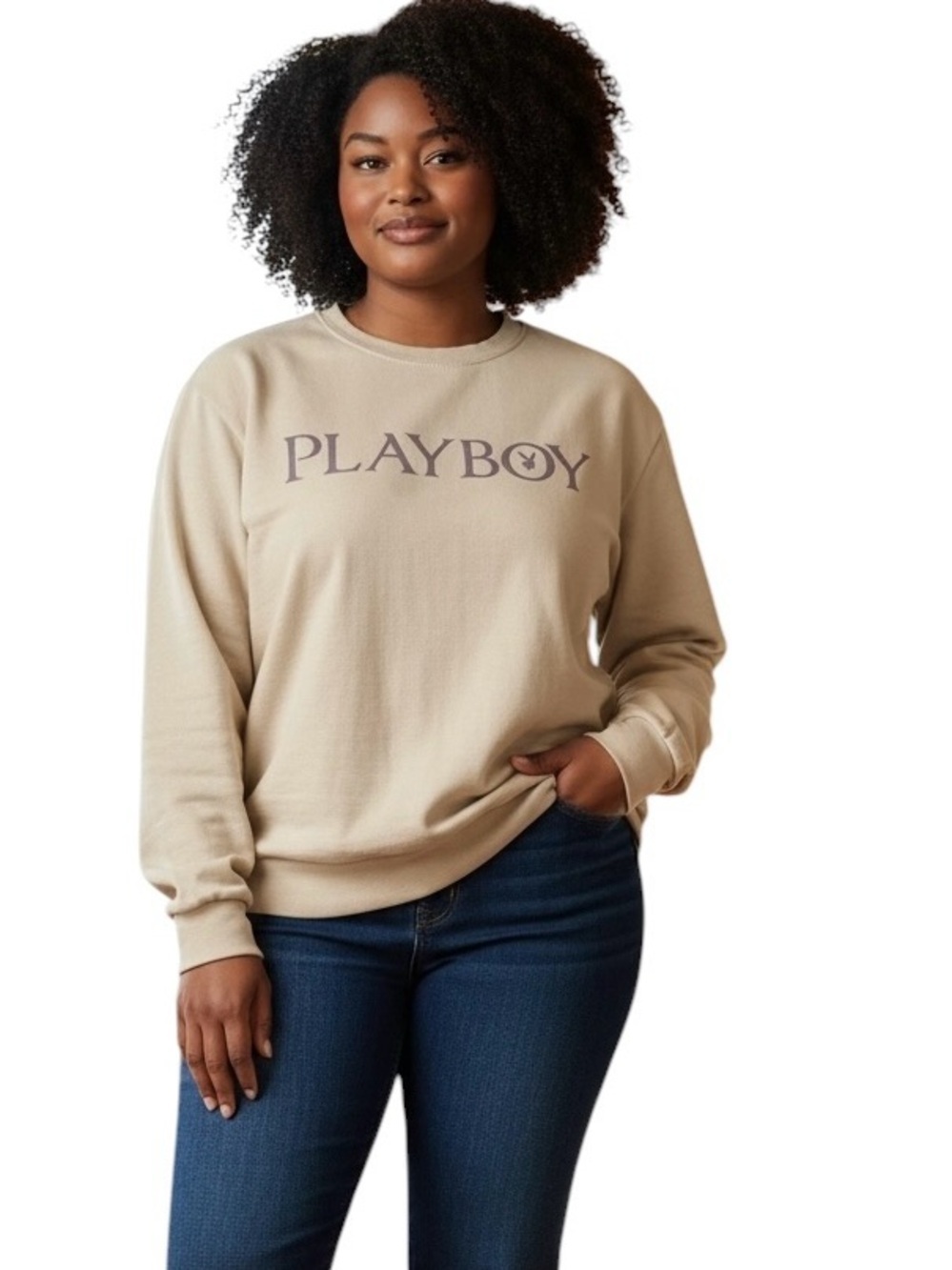Playboy Sweatshirt Logo Bunny Sz M Tan/Brown Fleece Lined Long Sleeve Cozy Nite